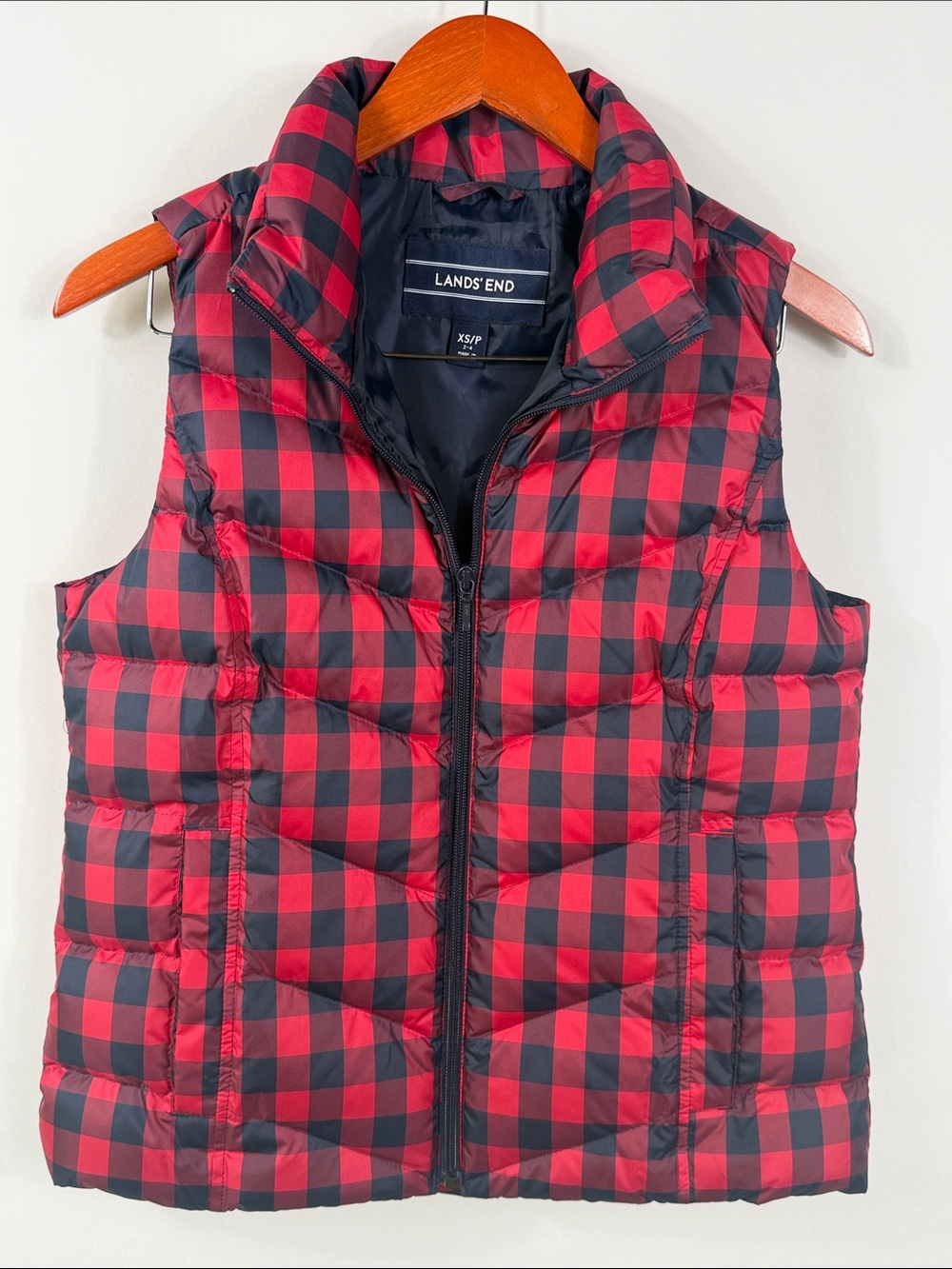 Lands' End Down Filled Red and Black Buffalo Plaid Quilted Puffer Vest. Size XS